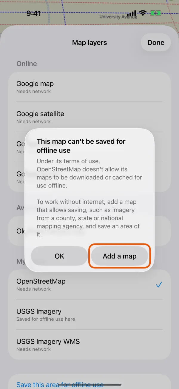 The message naming the provider, with Add a map and OK.