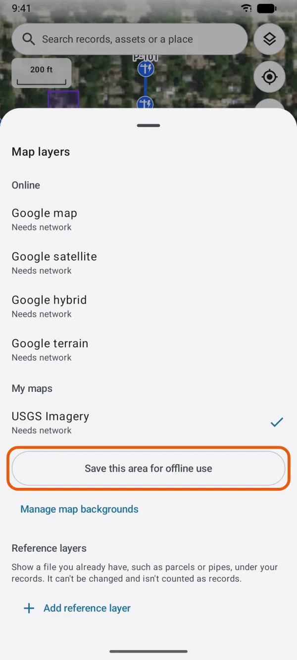 Map layers, with Save this area for offline use marked.
