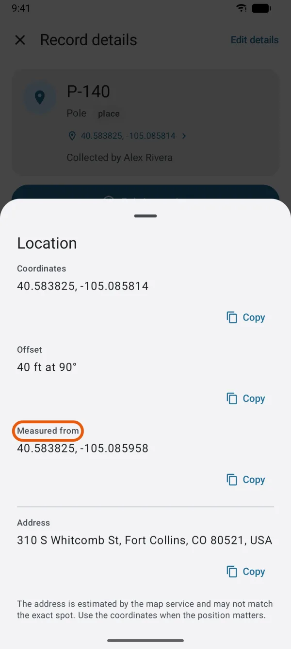 The record's Location, with Offset and Measured from.
