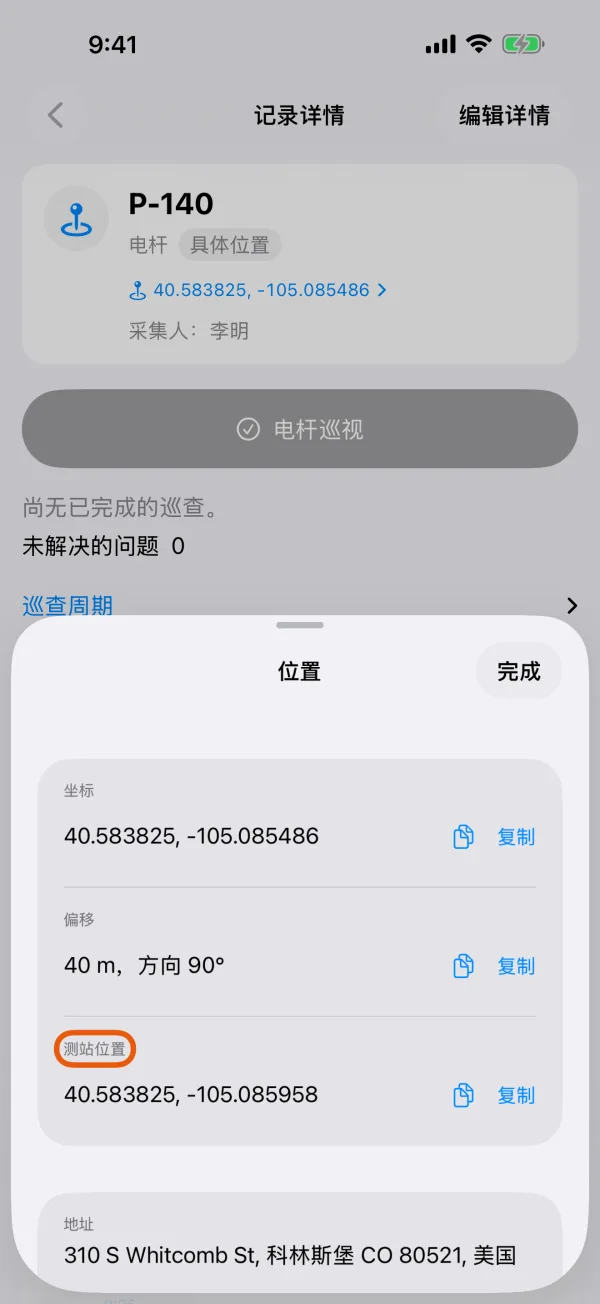 记录的“位置”页，显示偏移和测站位置。