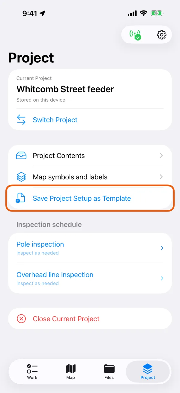 The Project tab, with Save Project Setup as Template marked.