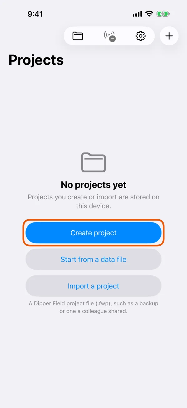 The Projects screen before your first project.