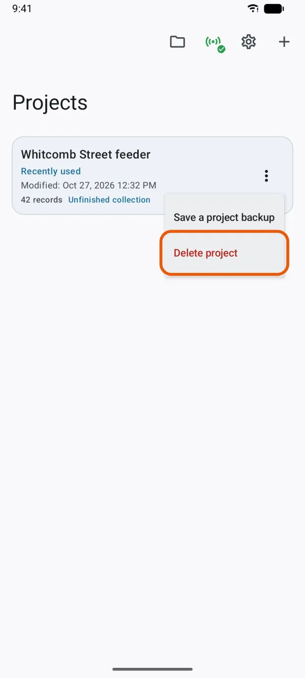 The Projects screen, with a project's menu open on Delete project.