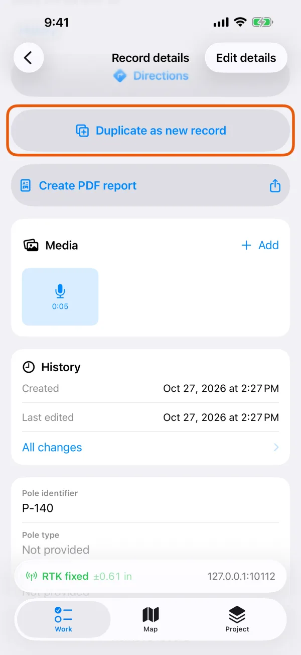The record's details, with Duplicate as new record.