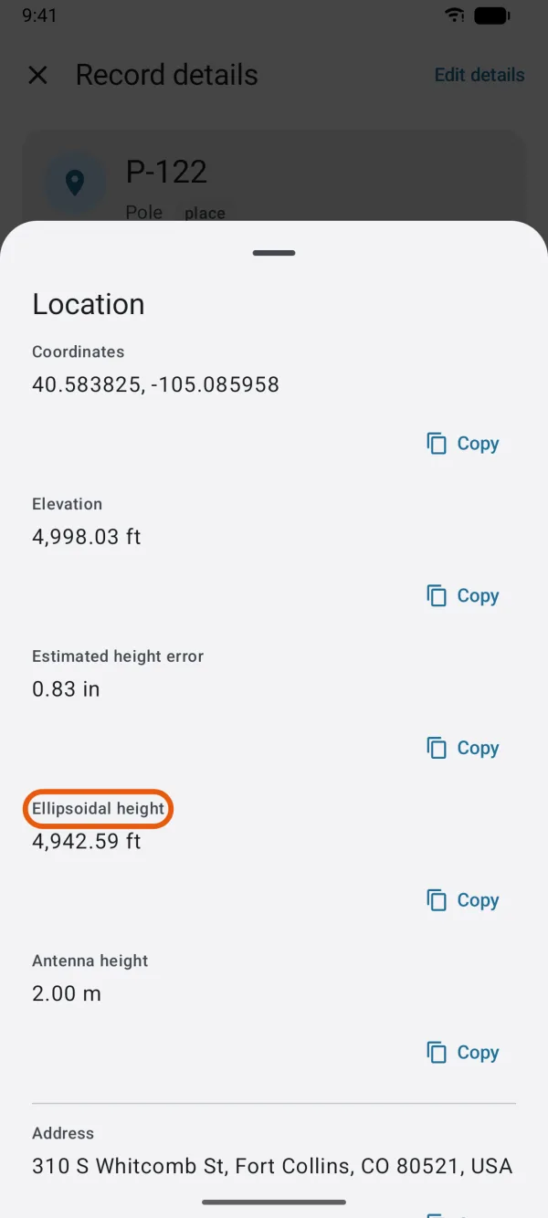 A measured point's Elevation, Estimated height error, Ellipsoidal height and Antenna height.