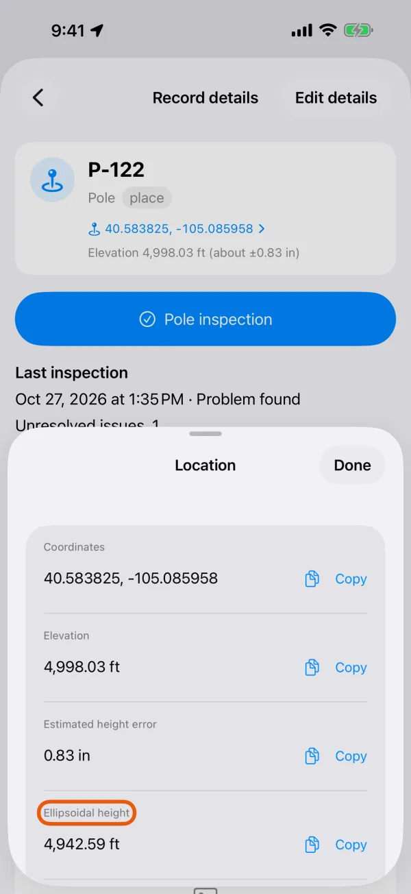 A measured point's Elevation, Estimated height error, Ellipsoidal height and Antenna height.