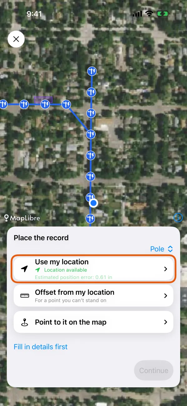 Place the record, with Use my location and Point to it on the map.