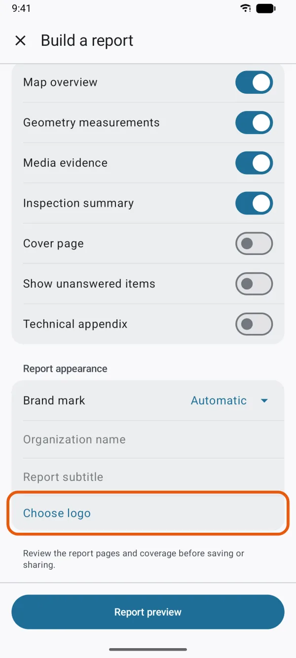 Brand mark, Organization name, Report subtitle and Choose logo.