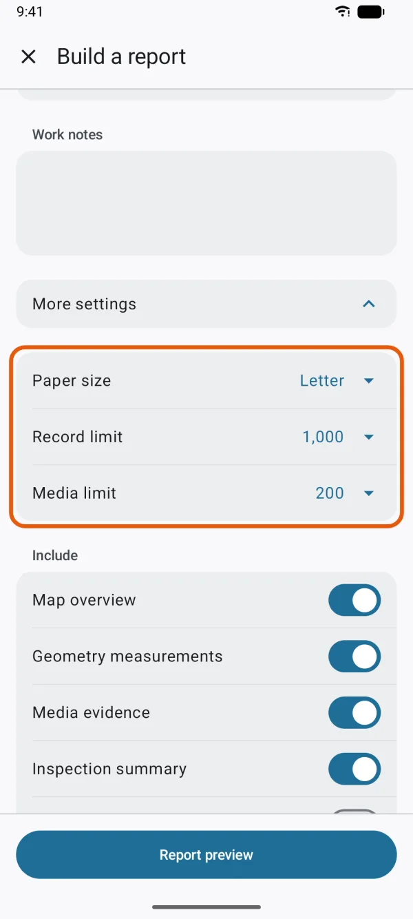 Paper size, Record limit and Media limit.