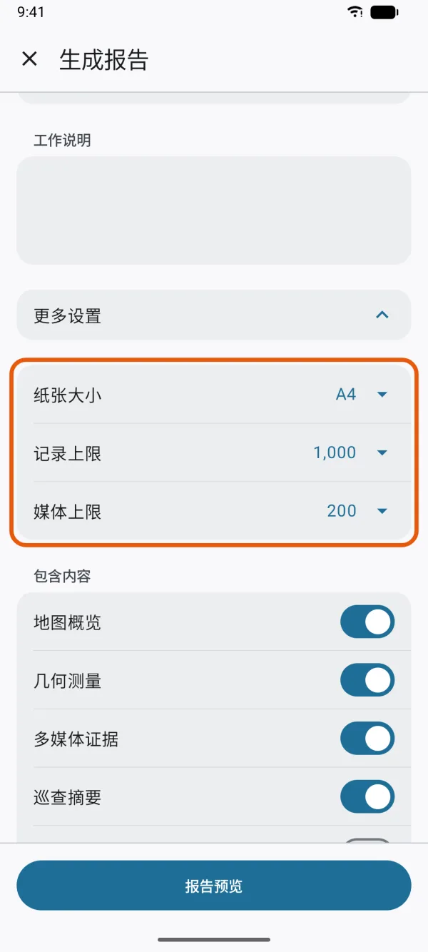 纸张大小、记录上限和媒体上限。