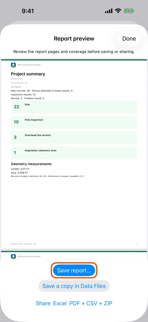 The finished report with its save and share buttons.