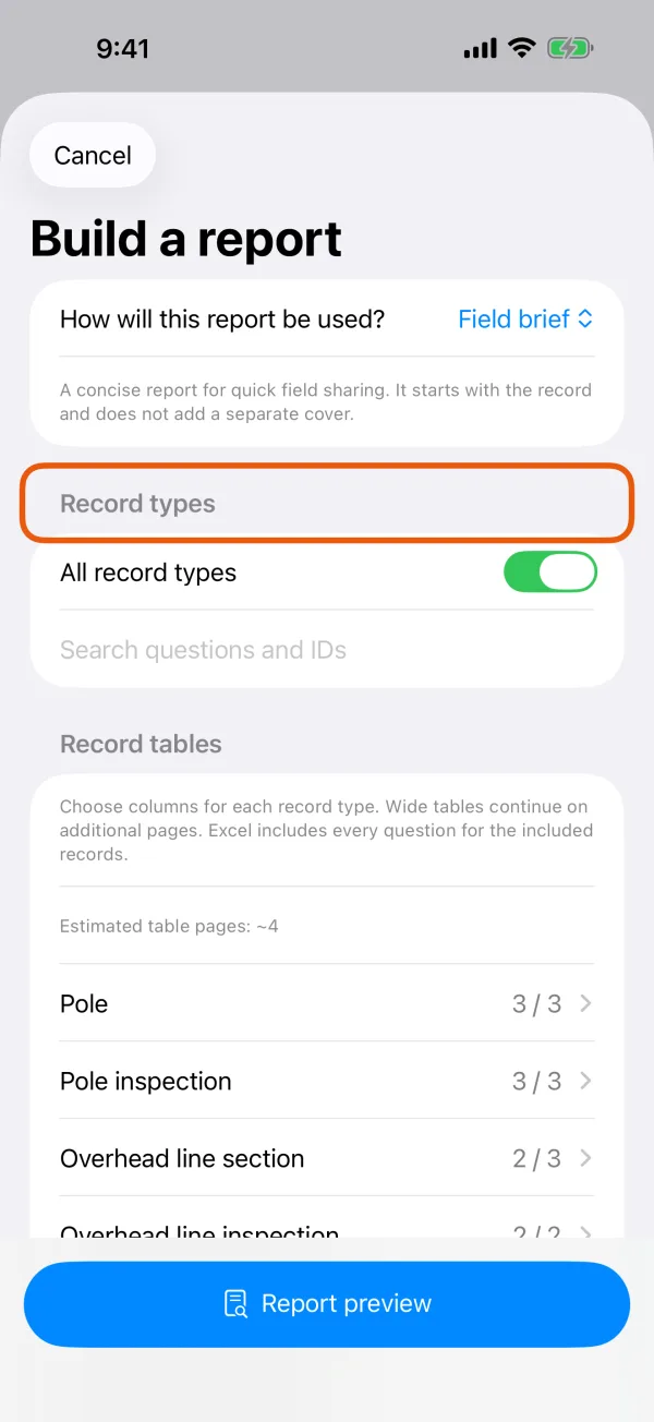 Record types, the date range and work notes.