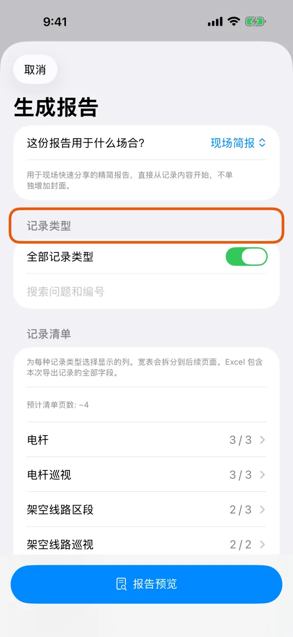 记录类型、日期范围和工作说明。