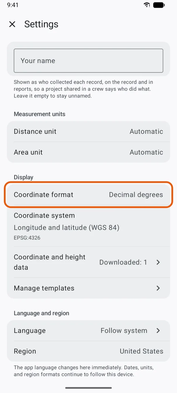 Coordinate format and Coordinate system under Display.