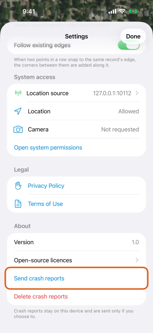 About, with Send crash reports and Delete crash reports.