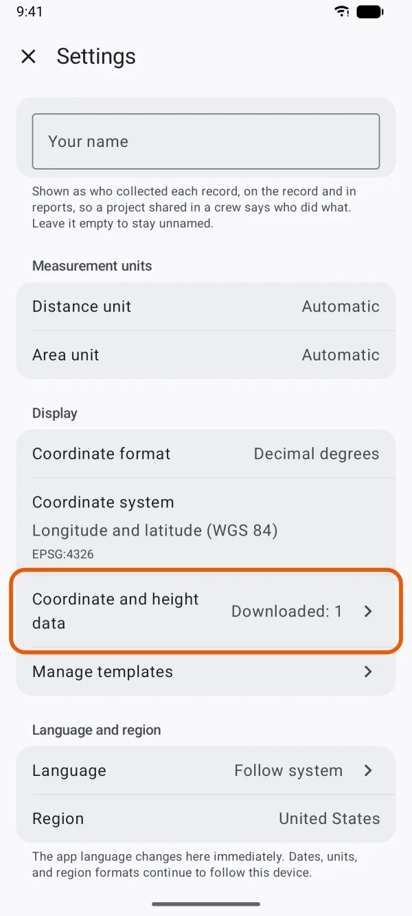 Settings, with Coordinate and height data marked under Display.