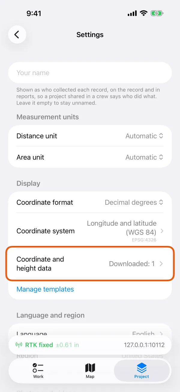Settings, with Coordinate and height data marked under Display.