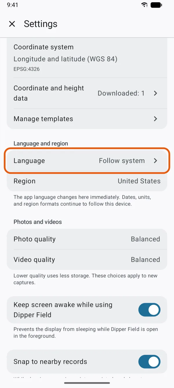 Language and region, with the app's language.