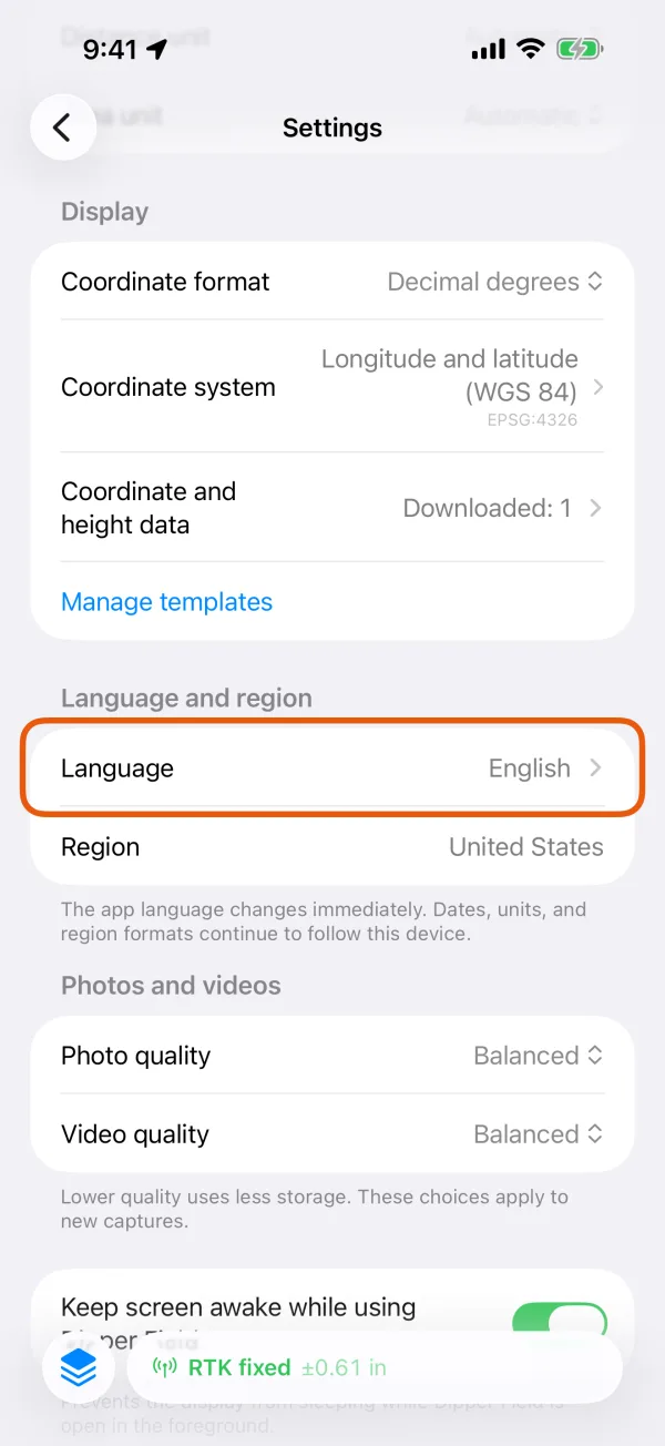 Language and region, with the app's language.
