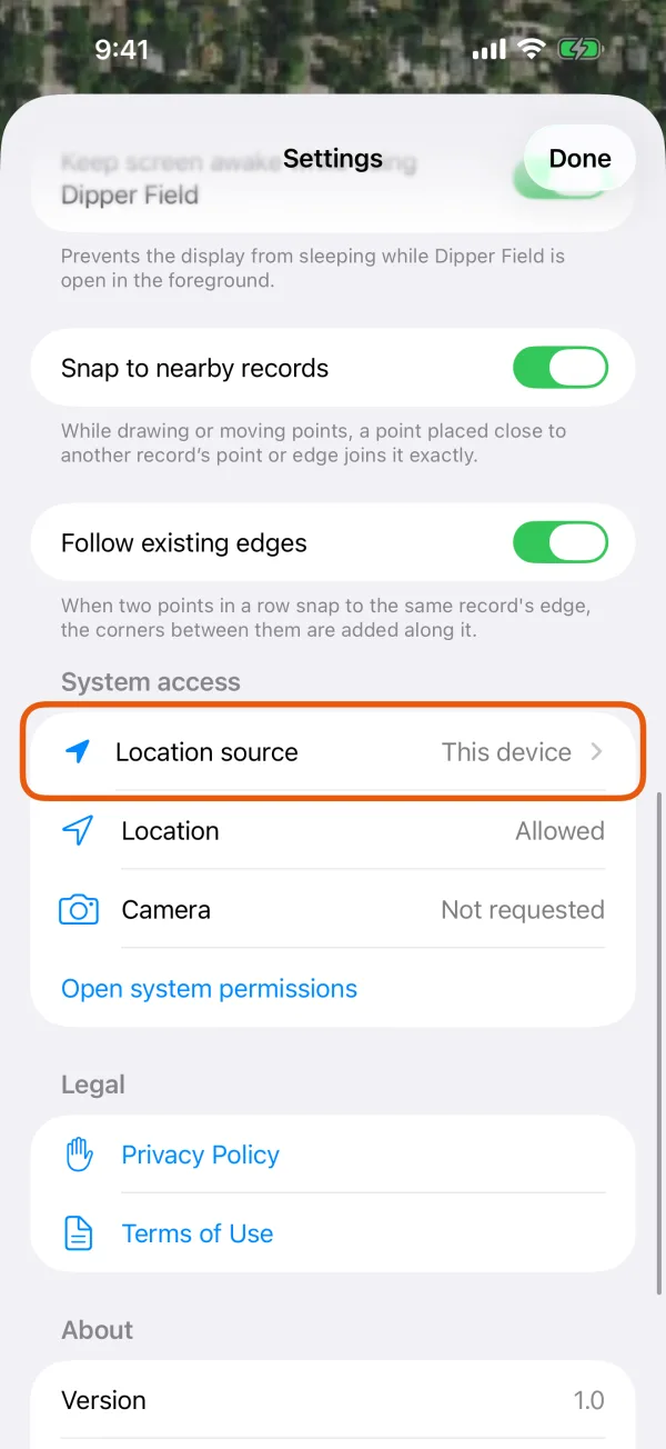Settings, with Location source marked.