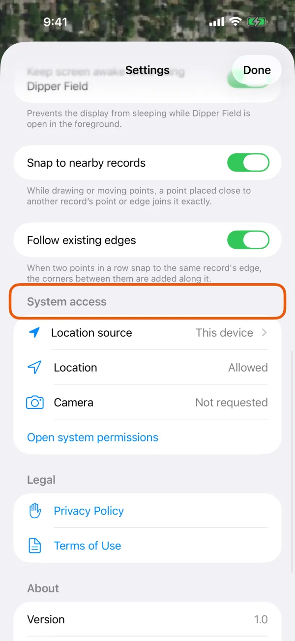 Settings, with the Location and Camera rows under System access.