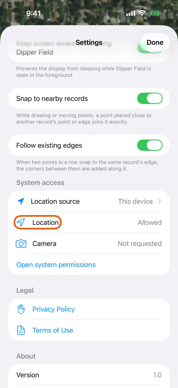 System access, with the Location status marked.