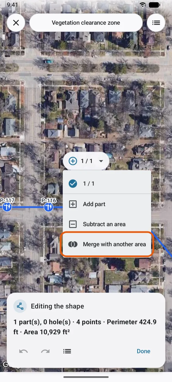 The ring menu, with Add part, Subtract an area and Merge with another area.