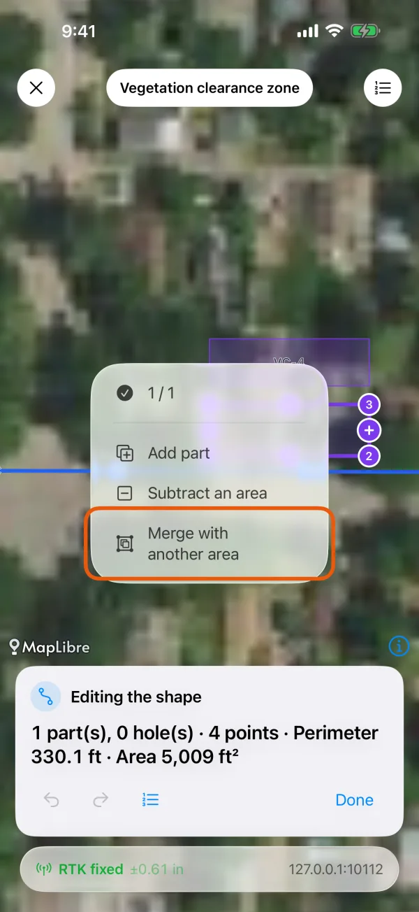 The ring menu, with Add part, Subtract an area and Merge with another area.