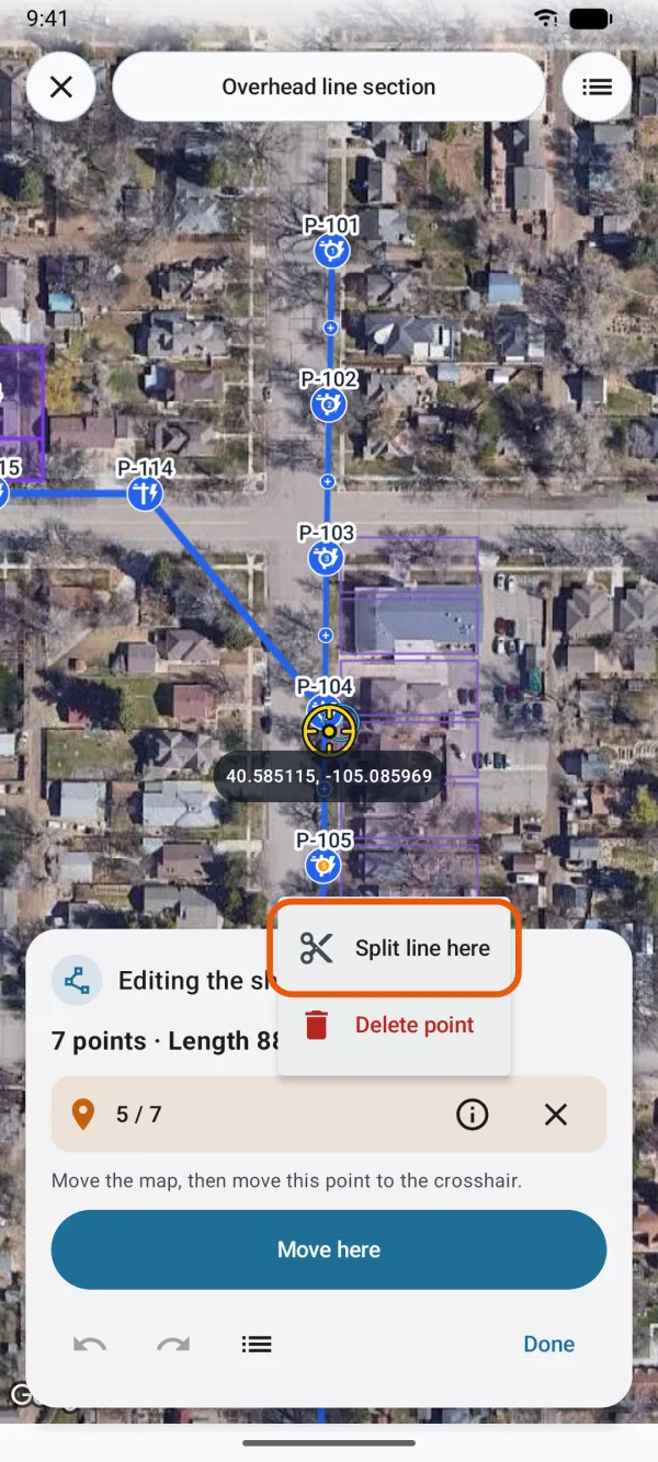 The point's menu, with Split line here and Delete point.