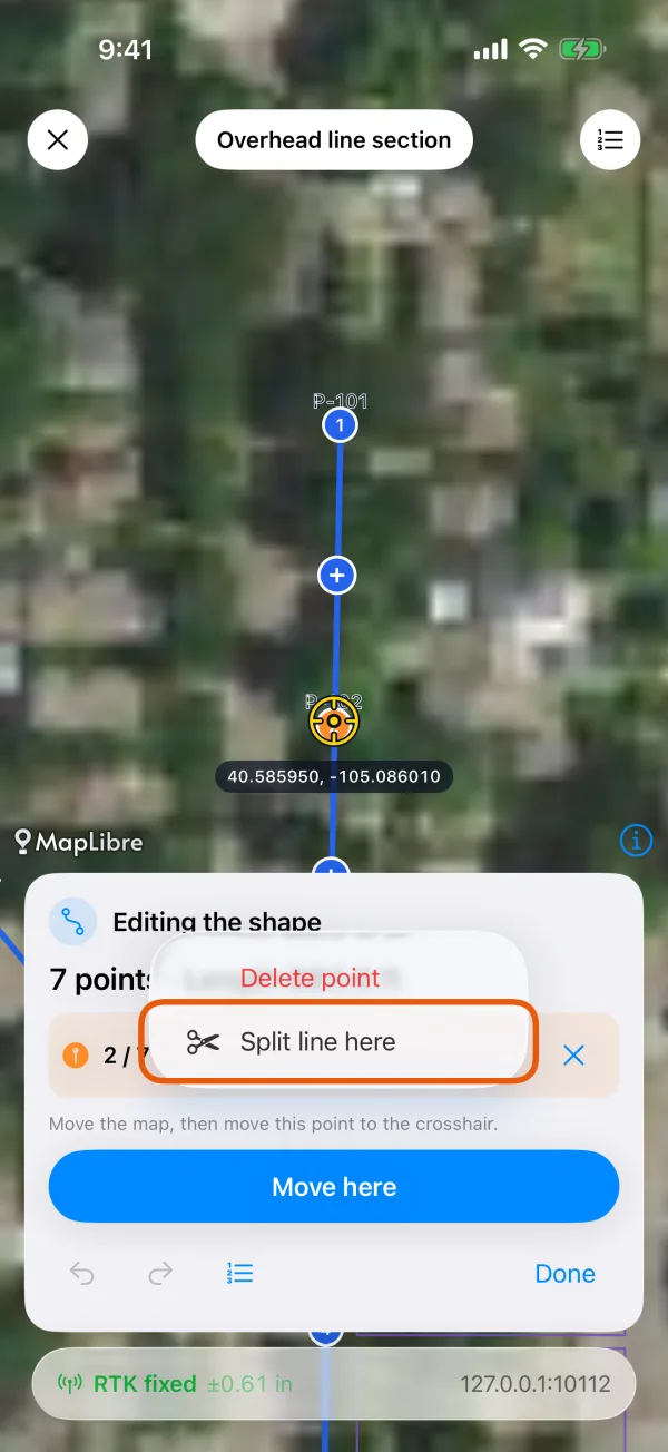 The point's menu, with Split line here and Delete point.
