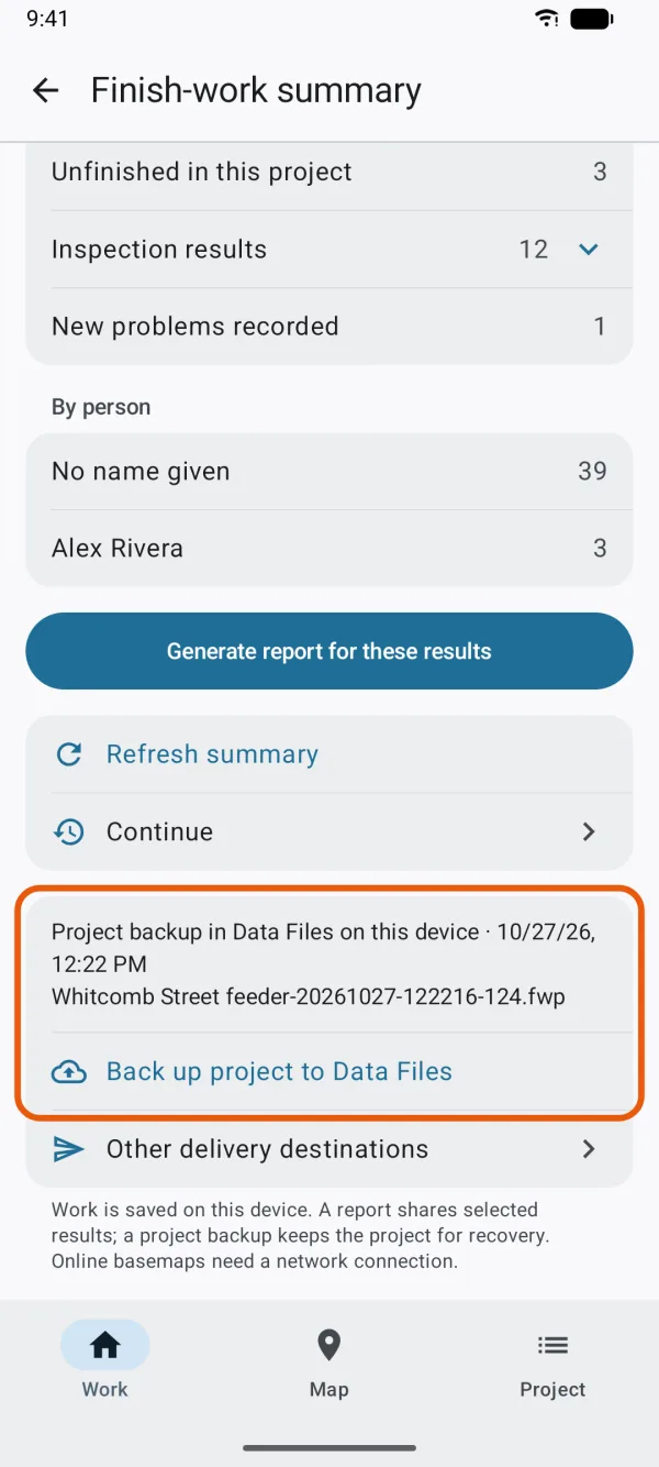 The backup line and Back up project to Data Files.