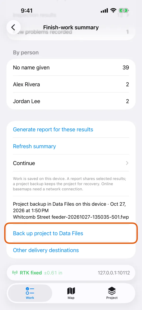 The backup line and Back up project to Data Files.