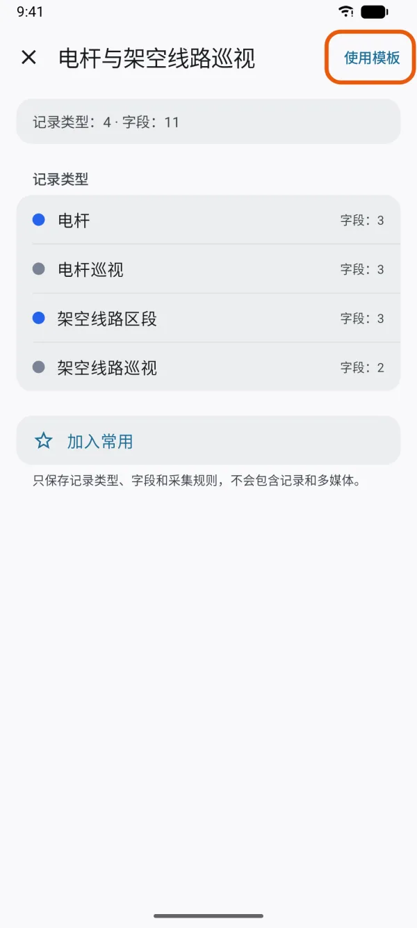 模板的记录类型，顶部是“使用模板”。