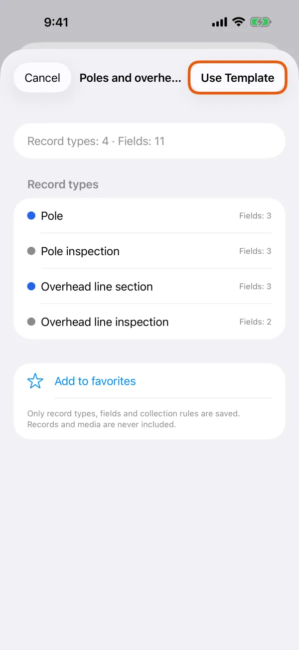 A template's record types, with Use Template at the top.