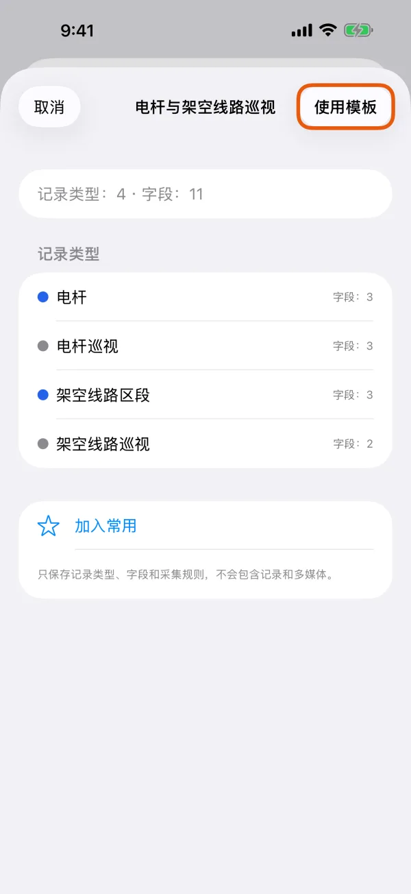 模板的记录类型,顶部是“使用模板”。
