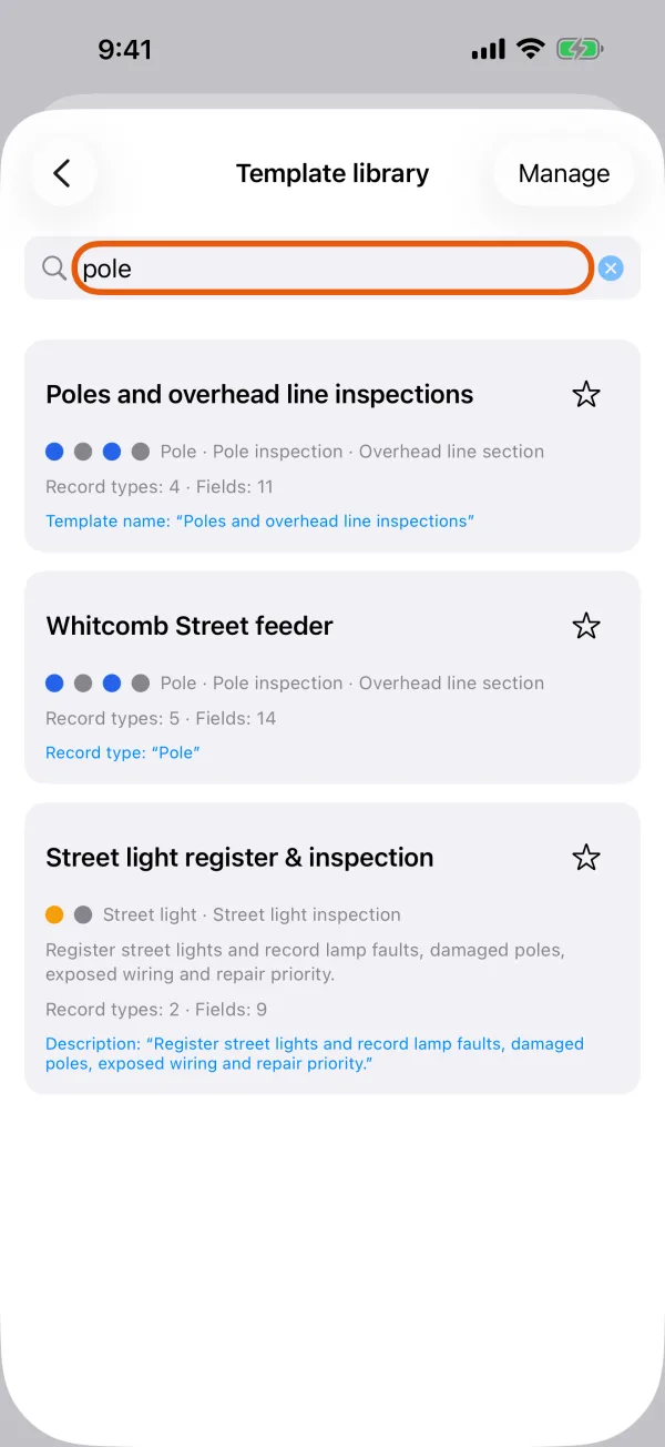 Templates matching a search, each with what matched.