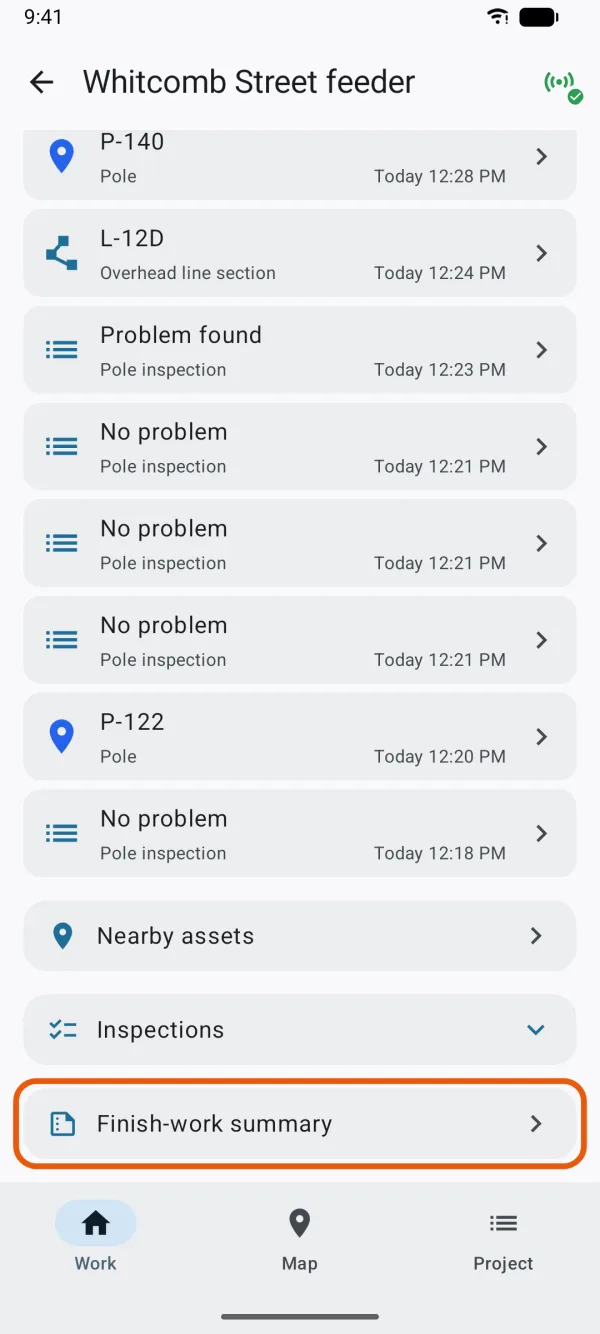 The Work tab, with Finish-work summary marked.