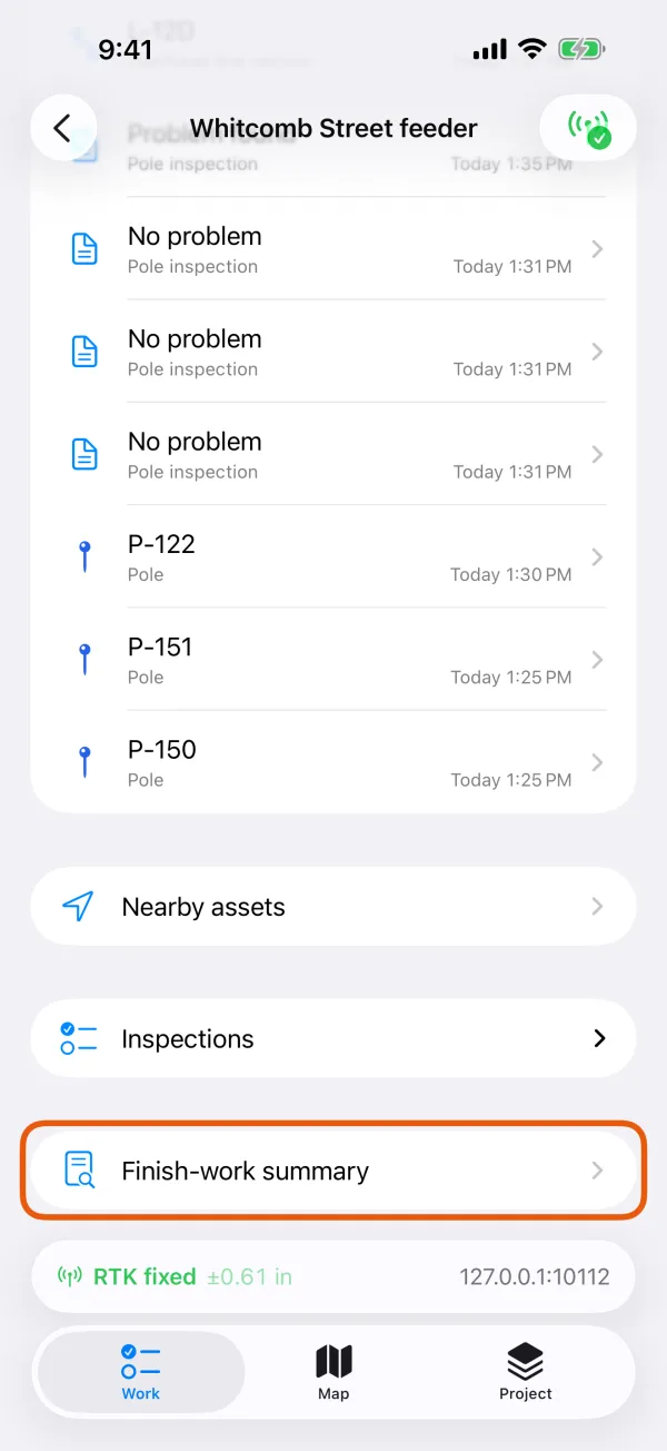 The Work tab, with Finish-work summary marked.