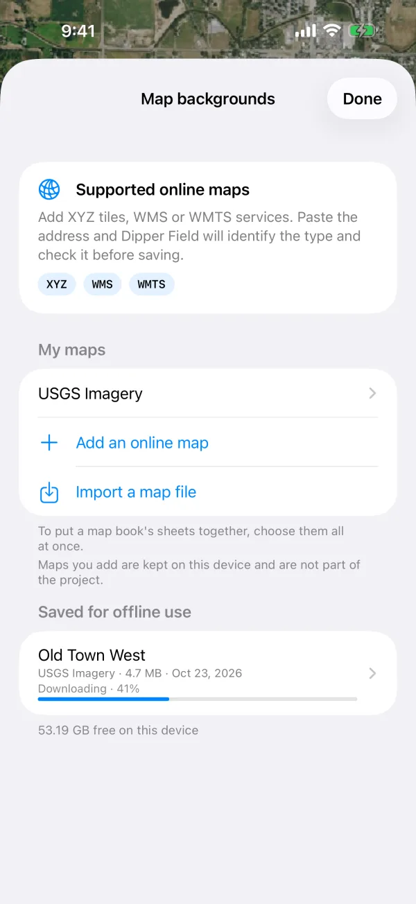 Map backgrounds, with USGS Imagery under My maps and an area of it downloading for offline use