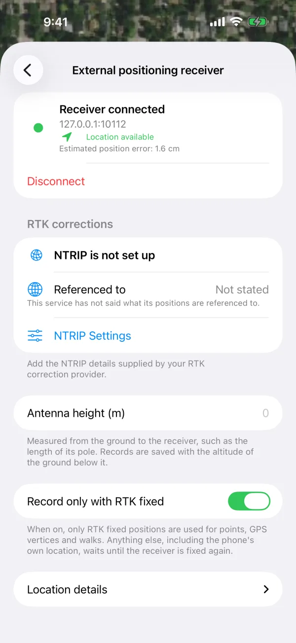 An RTK receiver connected over Wi-Fi with an estimated position error of 1.6 cm, and its NTRIP settings, antenna height and Record only with RTK fixed switch